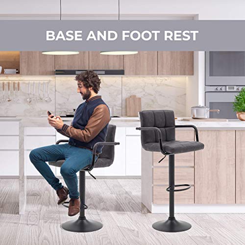 Halter Modern Bar Stool with Armrest, Counter Height Bar Chair, Vinyl, Matte Black Powder Coating, Set of 2 (Light Gray) - Thumbnail 4
