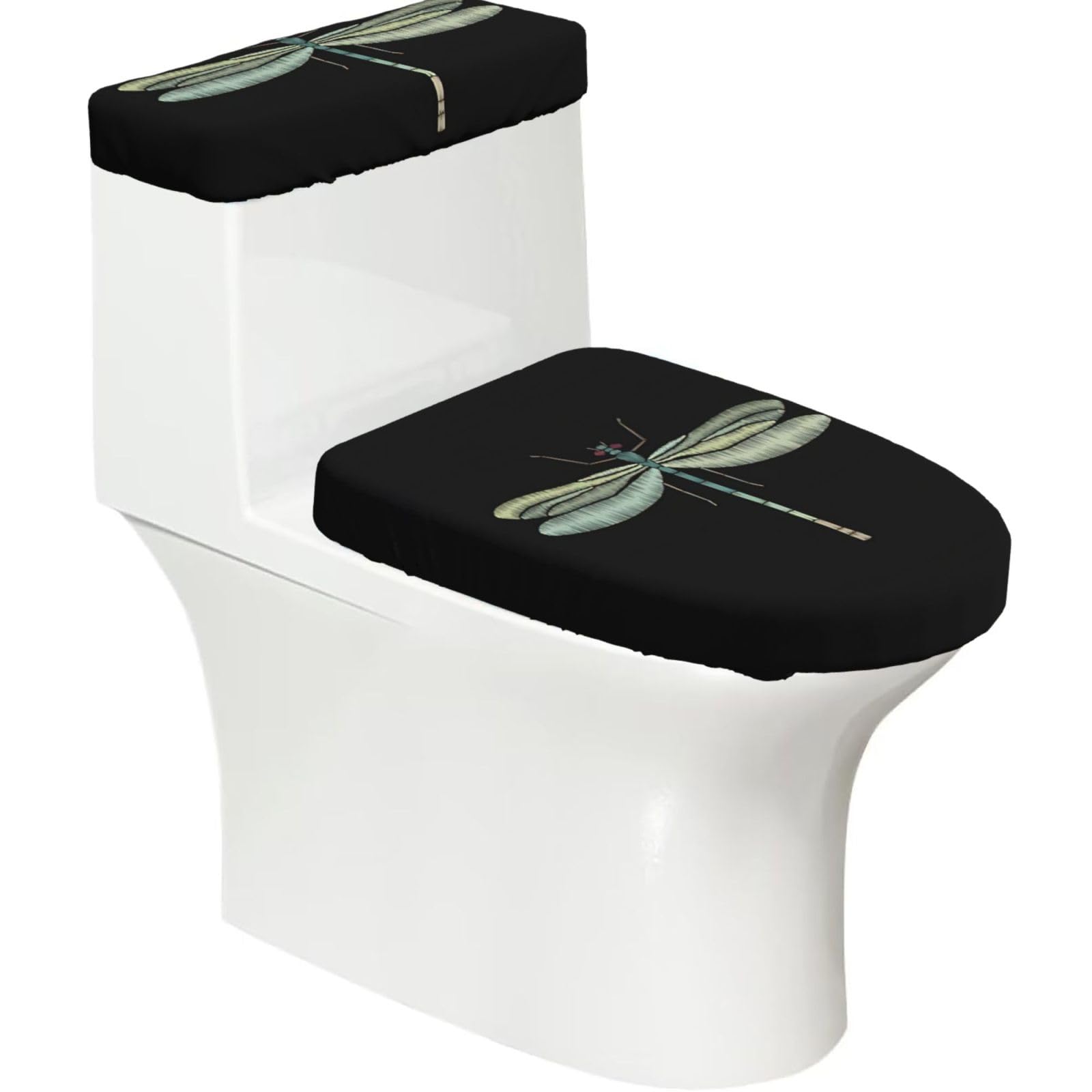 Dragonfly Black Print Bathroom Decor Toilet Lid Cover And Tank Covers, Restroom Accessories Fits Most Round