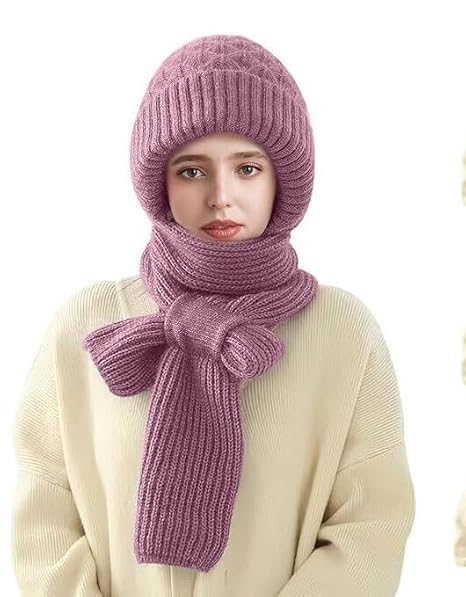 2 in 1 Windproof Scarf With Cap Winter Warm Stole Soft Knitted Beanie Hats