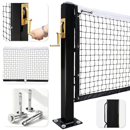 Permanent Pickleball Net 22FT Regulation for Driveway & Tournament Courts - Heavy Duty Carbon Steel Posts with Cast Brass Winder Crank Handle - Indoor Outdoor Surface Mount Pickleball Court Net Set