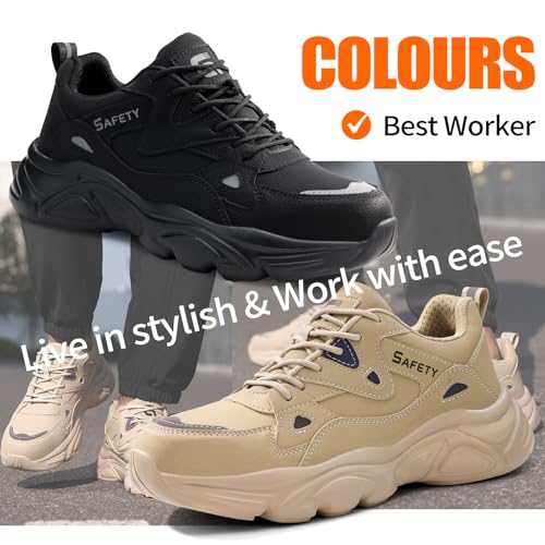 Image of GLANOUDUN Steel Toe Work Shoes for Men, Lightweight Black Work Shoes with Puncture Resistant Midsole, Comfortable Safety Footwear for Warehouse Construction