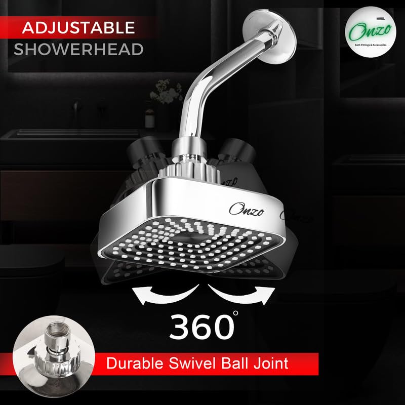 Image of Onzo ZS 4-Inch ABS Overhead Rain Shower Head with 9-Inch Stainless Steel Arm & Flange | 360 Adjustable Swivel Ball Joint | Chrome Finish | Durable & Rust-Proof High-Pressure Bathroom Shower