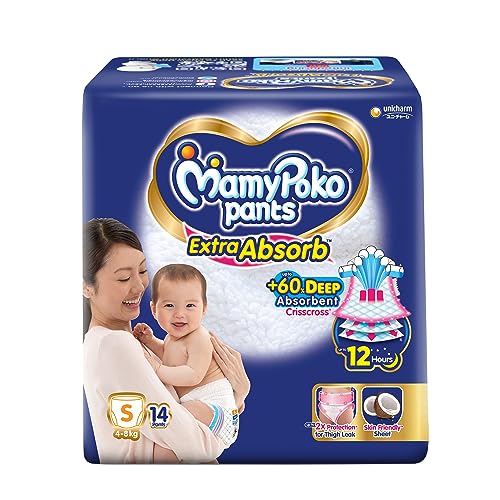 Image of Mamypoko pants Extra Absorb| Pant Style Baby Diapers (S), 14 Count, 4-8kg||Deep Sleep Diapers| Soft gentle fit |Deep Absorbent Crisscross | Skin Friendly with Coconut Oil