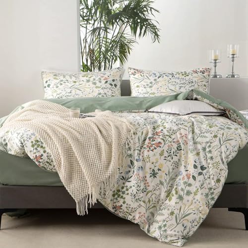 Image of VM VOUGEMARKET Twin Duvet Cover Set 3 Pieces Sage Green Botanical Flower Duvet Cover with 2 Pillowcases Cottagecore Bedding Set 100% Cotton White Green Comforter Cover Without Filling