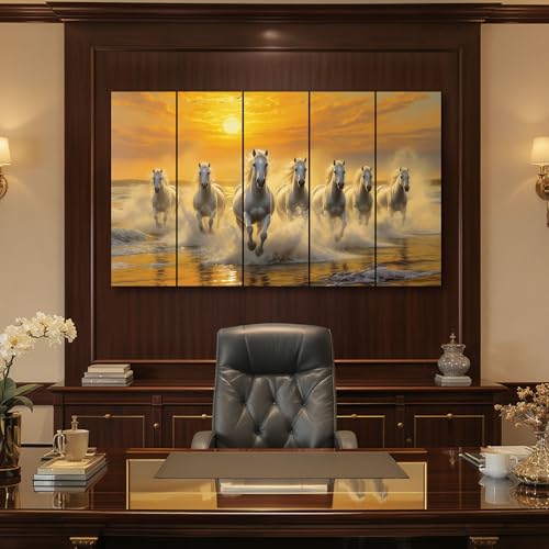 Image of The Castle Decor Running Horses with Rising Sun Vastu Painting | Wooden Frame Multi-Panel Wall Art for Living Room (Multi Color - Design 6, 27x48 Inch)