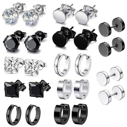 ZXTGBQ 12 Pares Pendientes Hombre, Pendientes Negro para Hombres, Pendientes Aro Plata/Negro para Hombre Mujer