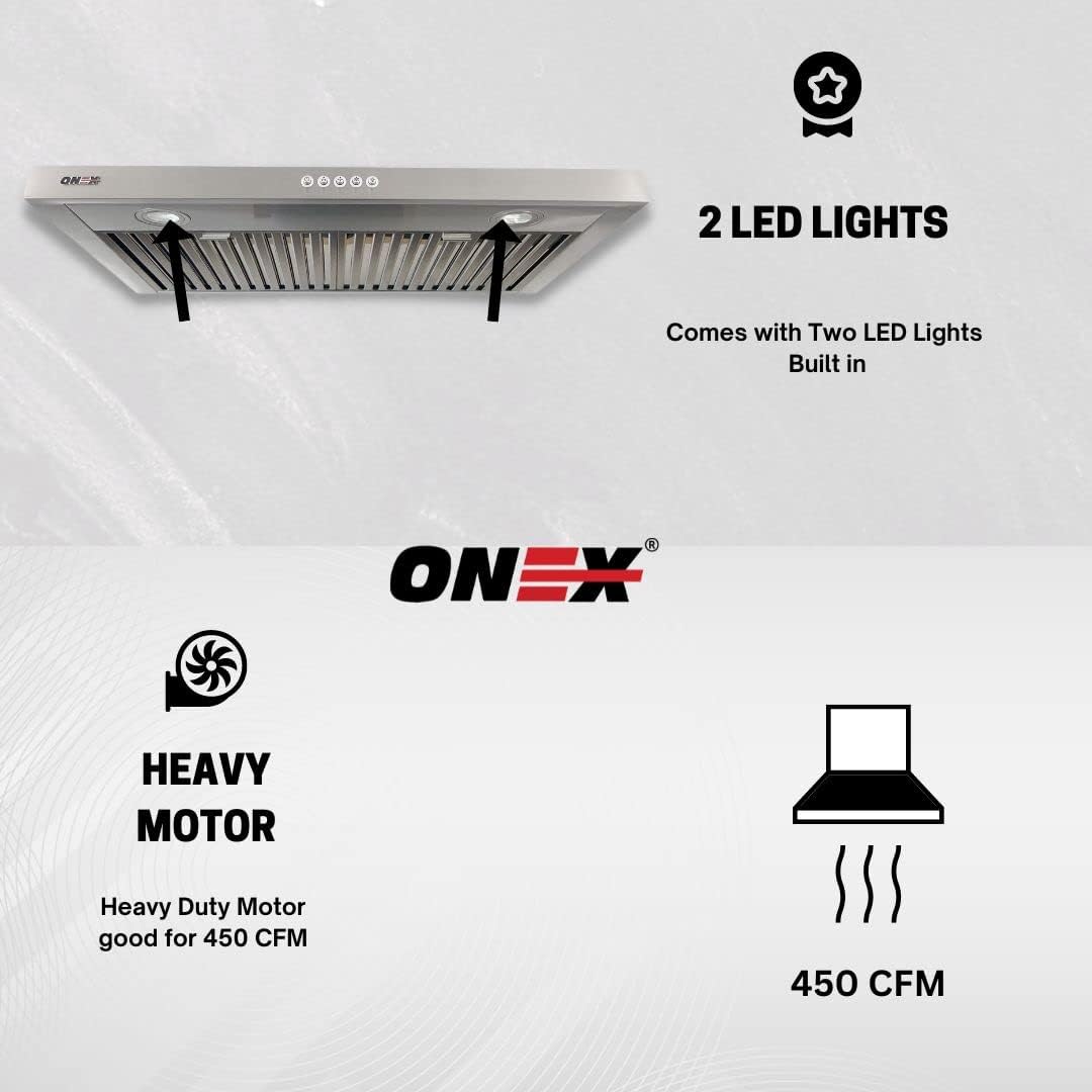 ONEX Range Hood highlighting 2 LED lights and 450 CFM heavy-duty motor