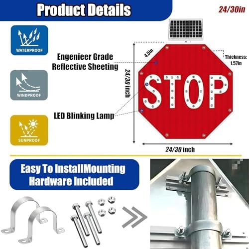 LED Solar Stop Sign - Heavy Duty Aluminum Octagon Traffic Sign with Rust-Proof Metal Frame, IP65 Waterproof, Blinking Red Light, Visibility >800m (31.5in)