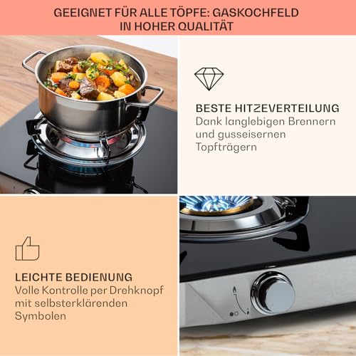 Foto von Klarstein Gaskocher mit Zündsicherung, Tragbarer, für Außen- & Innenbereich, Sicheres Gaskochfeld, Gasherd für Camping mit Edelstahlgehäuse, Flüssiggas