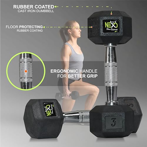 Image of NEXO Rubber Coated Hex Dumbbells for Home Gym Exercise | Workout Dumbbells Weights for Men & Women | 6kg Hex dumbbells set of 2 (3kg x 2) | Color - Black