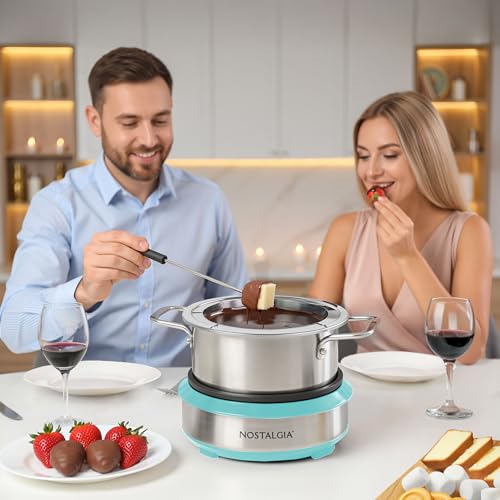 Image of Nostalgia 8-Cup Electric Fondue Pot Set for Cheese & Chocolate - 8 Color-Coded Forks, Temperature Control - Kitchen Gadgets and Appliances for Hors d'Oeuvres and More - Aqua