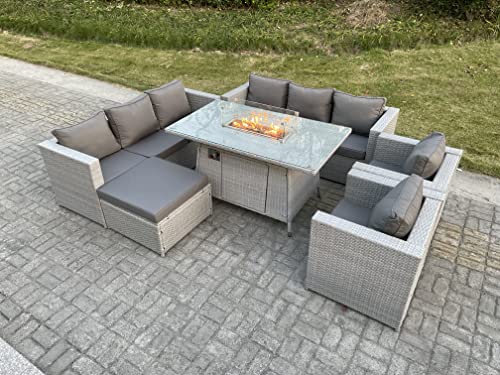 FMSGarden 8 Seats Light Grey Rattan Garden Furniture Set Gas FirePit Dining Table Heater Burner Lounge Sofa Set Chairs Footstool