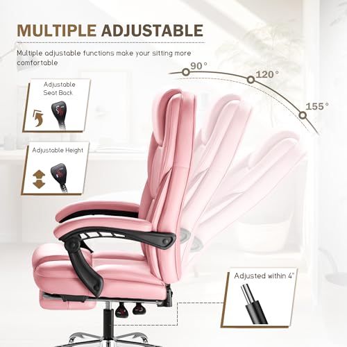 Image of Furmax Executive Office Chair with Foot Rest Big and Tall Office Chair Ergonomic Home Office Desk Chairs Reclining High Back Leather Chair with Lumbar Support, 400LBS (Pink)