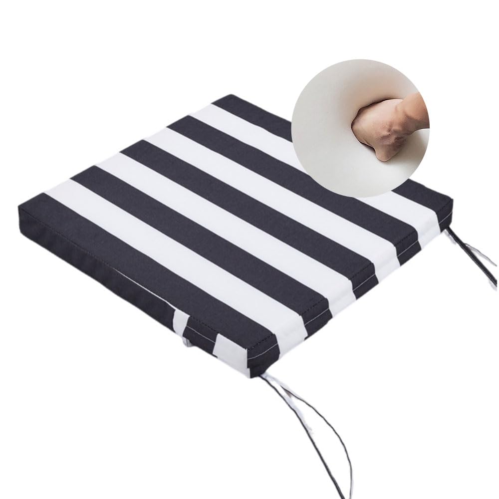 Surwin Outdoor Chair Cushions, Square Outdoor Garden Chair Seat Pads with Ties, Waterproof, Thick 5cm, for Indoor Furniture Home Office Kitchen Patio (Striped Black,50x50x5cm)