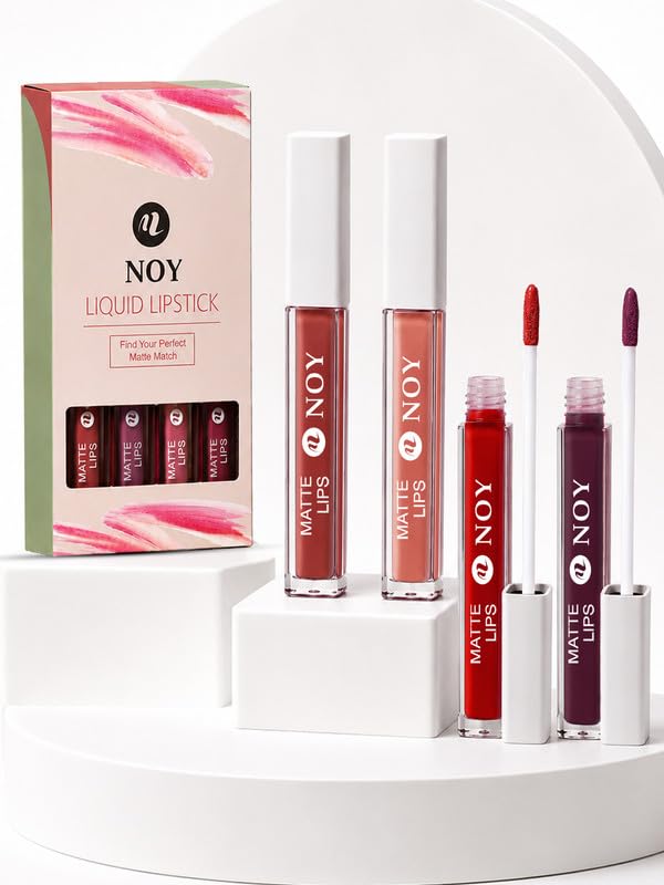 Image of Noy Liquid Matte Lipstick Combo Luxe Matte Color with a Soft, Lightweight Feel - Cherry Nude, Creamy Nude, Red Magenta, Purple Wine Shades Pack of 4