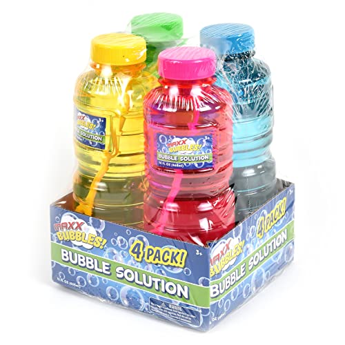 Sunny Days Entertainment Maxx Bubbles 16oz Bubble Solution - 4 Bottles, Pink, Yellow, Green, Blue, Small (101795)