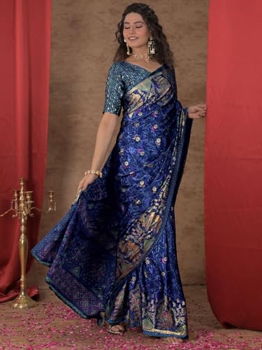 Image of Satrani Women's Crepe Foil Printed Weaving Banarasi Saree with Unstitched Blouse Piece