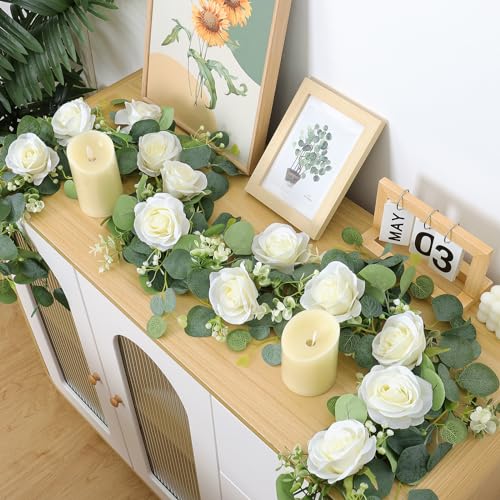 Dremisland 2PCS/12 FT Artificial Eucalyptus Flower Garland Spring Decor White Rose Fake Flowers Outdoor Greenery Fake Eucalyptus Garland Hanging Wisteria Faux Vines for Wedding Table Runner Backdrop - Image 4