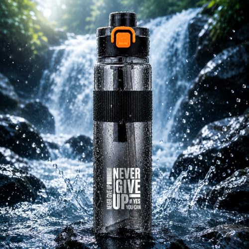 Image of Motivational Sports Water Bottle 1000ml BPA-Free Plastic Bottle with Flip Lid & Straw Reusable Leakproof Drinking Bottle for Gym, School, Office, Home & Outdoor Activities (black, pack of 1) (black)