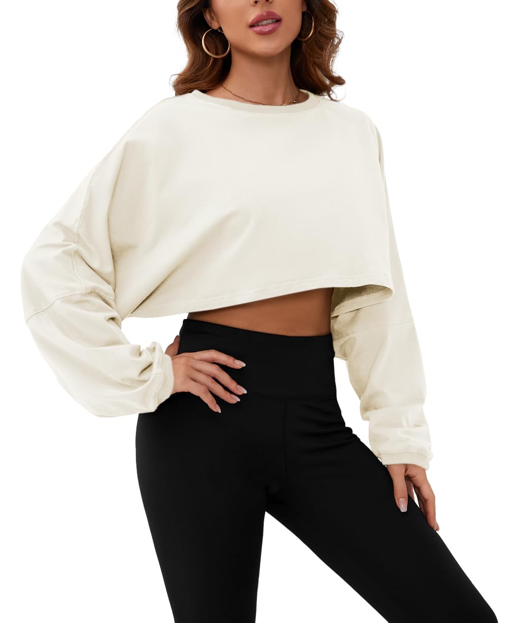 SAFRISIORWomen Oversized Long Sleeve Crop T Shirt Crew Neck Drop Shoulder Crop Tee Shirt Casual Workout Crop Tops