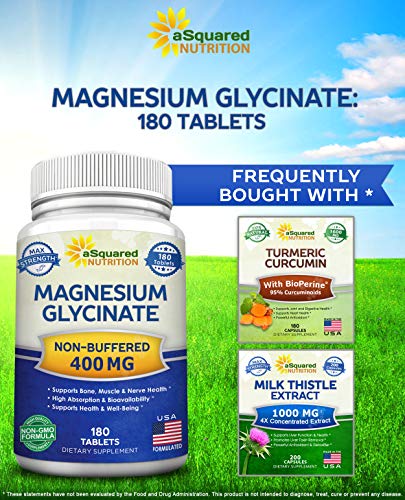 Magnesium Glycinate 400Mg - 180 Tablets - Max Strength Magnesium Bisglycinate Supplement - Maximum Bioavailability & Absorption - Non-Gmo - Not Buffered - Supports Muscles, Bones & Heart #TOP4