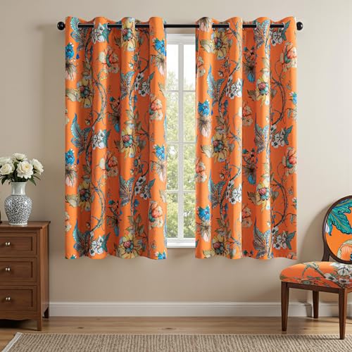 Image of MYSKY HOME 95% Blackout Floral Curtains 63 Inches Long 2 Panels Set for Bedroom Thermal Insulated Light Blocking Curtain Printed Flower Vintage Style Grommet Top Drapes for Girls Room, 52 inch W, Orange