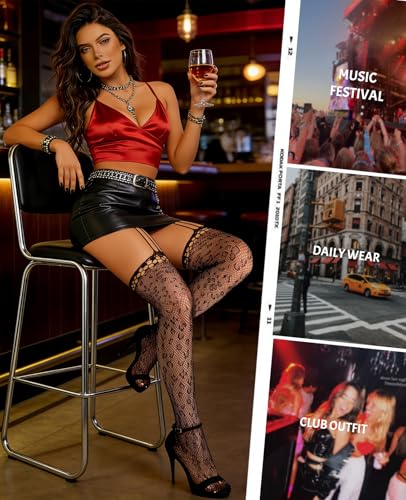 Image of Sesiwadbe Womens Fishnet Patterned Tights High Waist Suspenders Pantyhose Thigh High Stockings