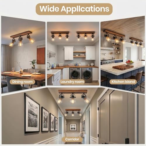 Image of 3-Light Track Lighting Fixture with Solid Wood Base, Industrial Open Cage Ceiling Lights, Adjustable Exposed Bulb Light, Farmhouse Black Metal Track Light for Kitchen Dining Room, E26 Base