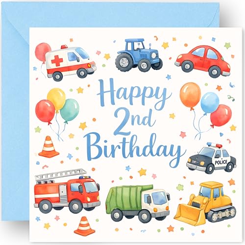2nd Birthday Card for Boys - Two Today 2 Years Old - Cute Vehicle Design - Happy Second Birthday Greeting Card for Grandson Nephew Son - Includes Blue Envelope 14cm