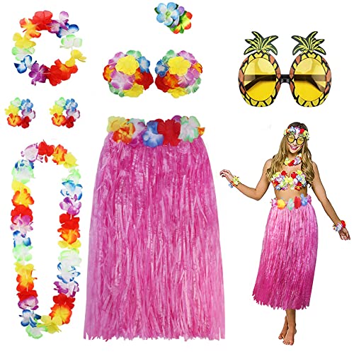 Jupe de hula et costume Hawaii pour fête Luau avec lei hawaïen et fleur hibiscus