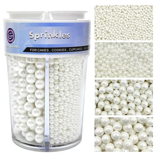 Perlas Blancas de Azúcar Comestibles (130g) - Sprinkles de Azúcar en 4 Tamaños para Decorar Pasteles, Cupcakes y Galletas - Ideal para Bodas, Cumpleaños, Halloween y Navidad