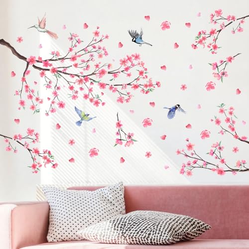 EUIEUT Cherry Blossom Tree Wall Sticker, Floral Birds Wall Art Decals Pink Flower Peel and Stick Flower Wall Stickers for Bedroom Living Room Sofa TV Background Home Wall Decor