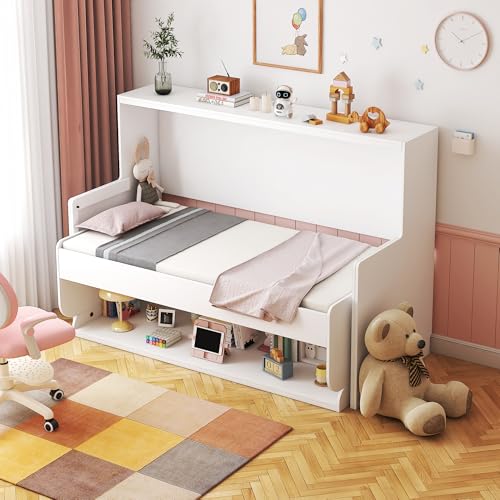 Ball & Cast Twin Size Murphy Bed Wall Bed with Hideaway Desk,can be Folded,Horizontal & Vertical Pull-Out Cabinet Bedframe Chest W/Slat Support,Bedroom Furniture for Small Spaces,White