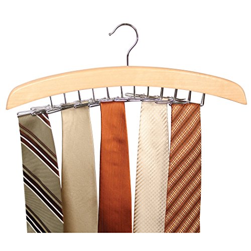 Richards Wooden Tie Rack Hanging Organizer For Mens Closet Accessories, Space Saving Necktie Holder For Storage And Display, Holds 24 Ties, Natural Finish With Chrome Accents #TOP10