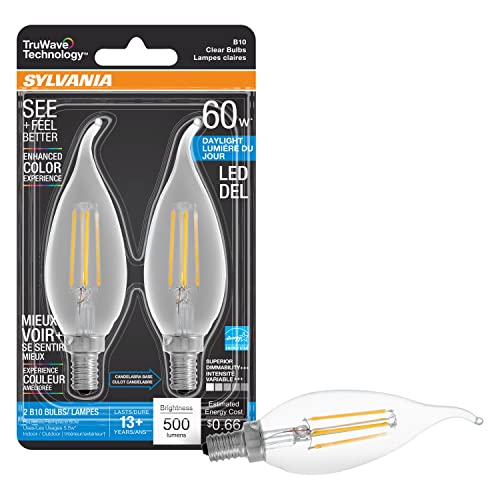 Sylvania LED TruWave Natural Series Candelabra Base Light Bulb, 60W Daylight, Dimmable, Clear, Candle Tip - 2 Pack