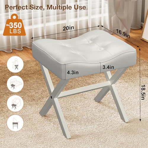 Image of Memobarco 18-Inch Large Leather Vanity Stool, Vanity Chair with Metal X-Leg, Ottoman Accent Stool with Thick Padded Saddle Seat, White