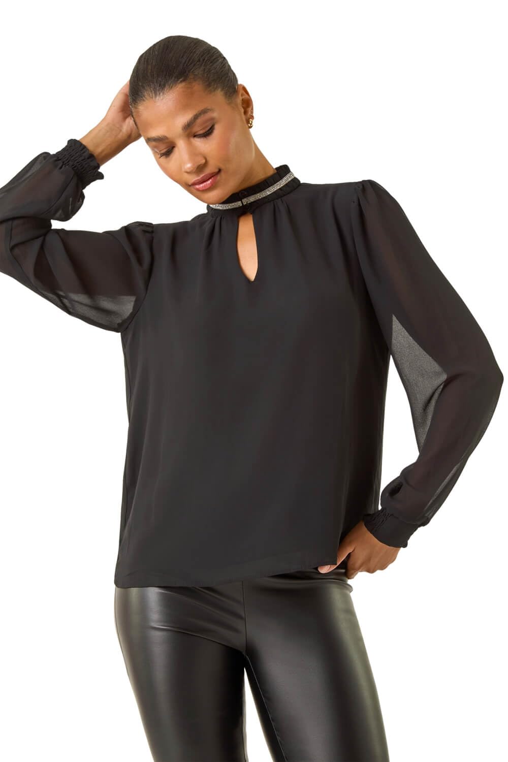 Roman Originals Women's Black Sparkly Trim High Neck Top For Uk - Everyday Autumn Winter Comfy Soft Evening Vacation Work Party Night Out - Size 18