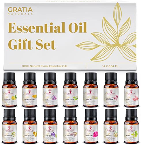 Gratia Naturals Pure Essential Oils for diffusers Humidifiers, 14x10ml Aromatherapy Relaxing Oil Gift Set, Calming Scents of Lavender, Eucalyptus, Tea Tree & More for Scented Soap & Candle Making