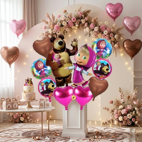 Image of Atpata Funky Forest Girl and Bear Theme Foil Balloons Pack - 10 Pcs | Birthday Party Decorations for Girls | Heart & Round Balloons for Kids Cartoon Party, Jungle Theme Decor