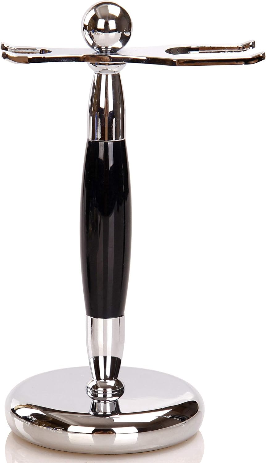 Deluxe Stainless Steel Shaving Brush Stand Holder for Razor & Brush - Extra Wide Openings, Weighted Base Black Handle