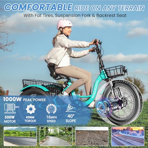 MOONCOOL 1000W 4″ Fat Tire Electric Tricycle for Adults, 48V