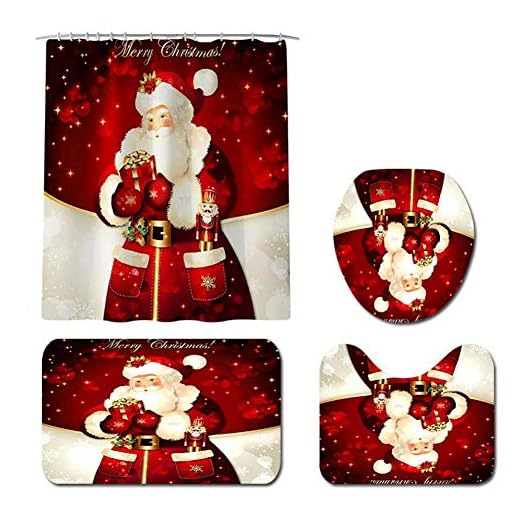 GOHHK Jul jultomten mönster badmattor set toalettmatta toalettsitsskydd halkfri dörrmatta duschdraperi jul badrum dekoration mjuk flanell badrumsmattor