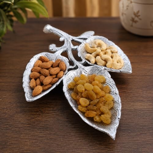 Image of Vintage Metal Silver Leaf Shaped Serving Tray, 3 Compartment Dry Fruit Platter, Decorative Snack Bowl, Tabletop Decor