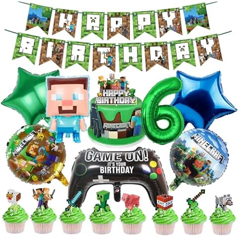 Mine Craft Balloons 6 Year Birthday Decorations Mine Craft Cake Toppers Cover