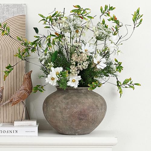 LuxenHome Rustic Ceramic Vase, 12" Wide Terracotta Pot with Earthy