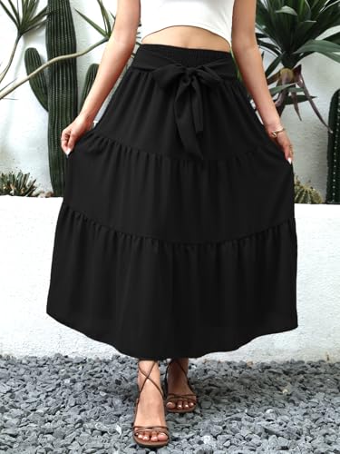 Womens Summer Boho Maxi Skirt Tie Knot Elastic High Waisted Trendy Flowy Beach Long Skirts with Pockets4