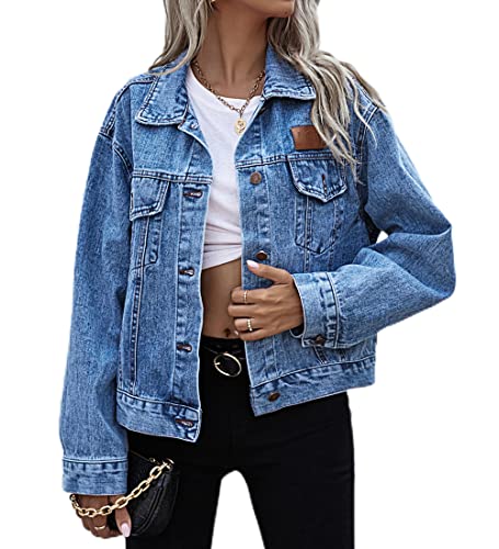 Acramy cramy Damen Mantel Kurze Jeansjacke Langarm Denim Jacke (L, Blau)