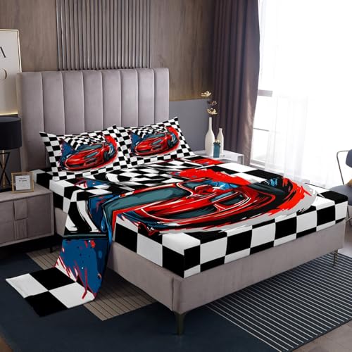 Racing Car Bedding Set King Size, Cool Speed Race Car Bed Sheets For Kids Boys Teens Bedroom, Automobile Extreme Sport Sheet Set White Black Fitted Sheet Grid Buffalo Flat Sheet With 2 Pillow Cases