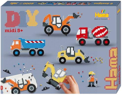 Hama – Coffret Perles à Repasser véhicules de Chantier – 4000 Perles midi 5 mm – Plaque Camion, modèles, Supports et Papier – Loisirs créatifs Enfants dès 5 Ans