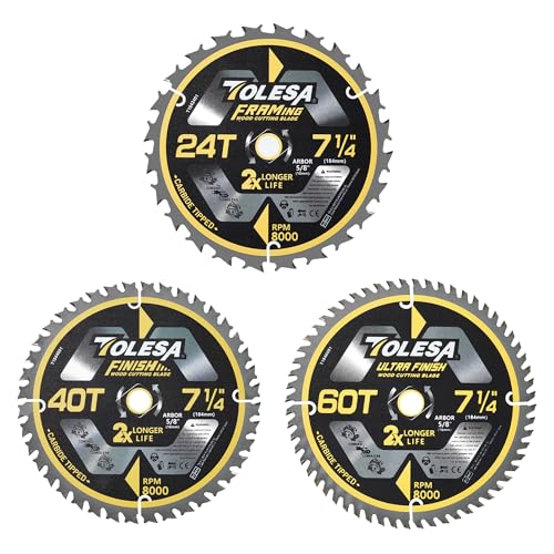 TOLESA 7 1/4 Circular Saw Blade 24/40/60 Teeth with 5/8' Arbor, ATB Carbide Teeth, Wood Cutting Framing Saw Blades for Miter Saw & Table Saw, Thin Kerf for Cutting Wood, Plywood, MDF, OSB (3 Pack)